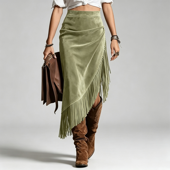 The Elara Western Fringe Faux Suede Midi Skirt