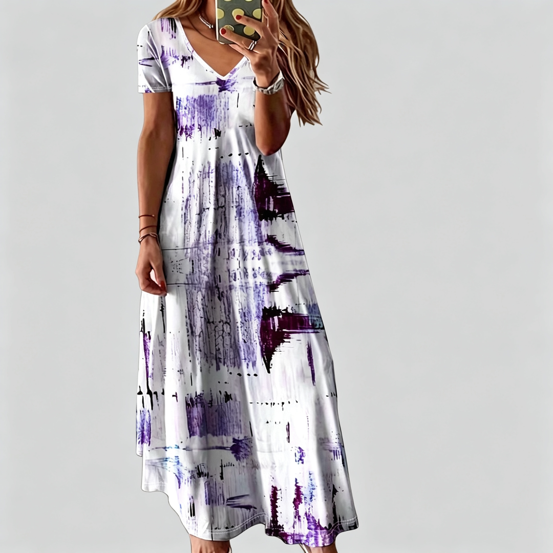 The Elara Abstract Brushstroke V-Neck Maxi Dress