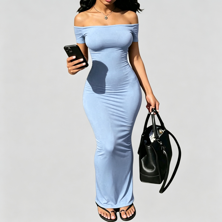 The Elara Off-Shoulder Sculpt Maxi Dress