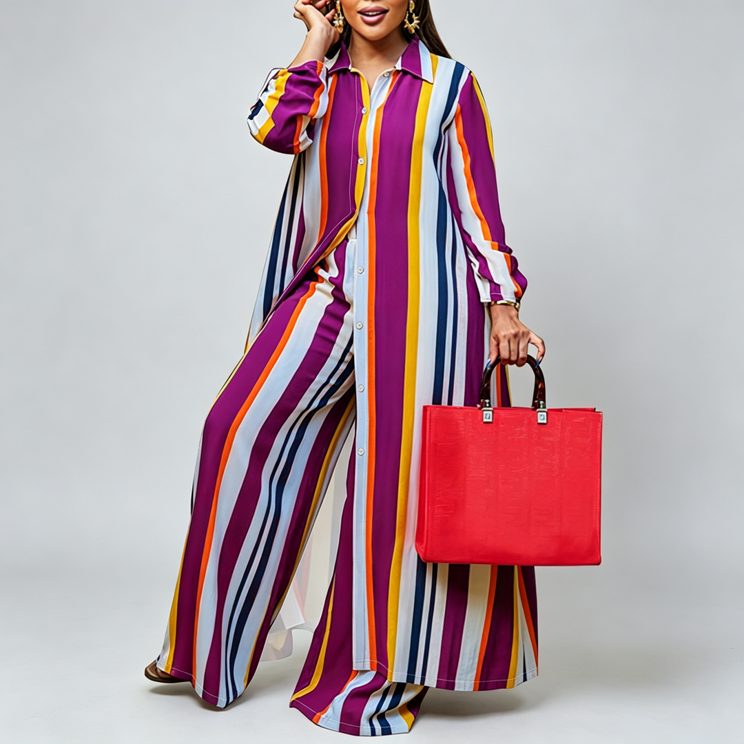 The Elara Plus Striped Shirt Wide-Leg Set