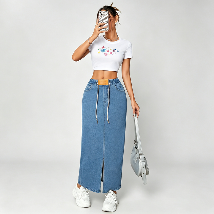 The Elara Drawstring Denim Maxi Skirt
