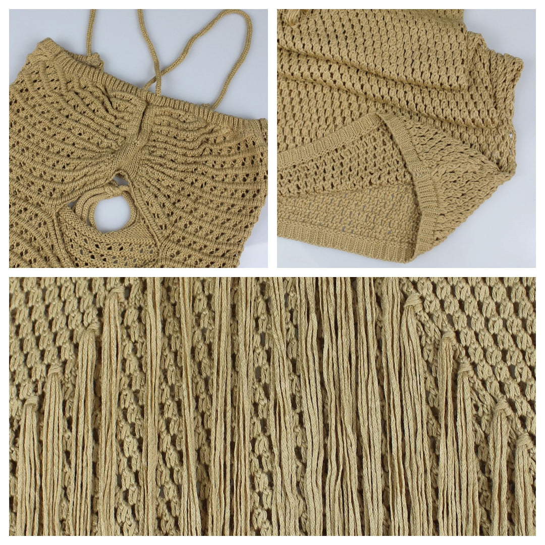 The Elara Boho Fringe Cutout  Crochet  Maxi Dress