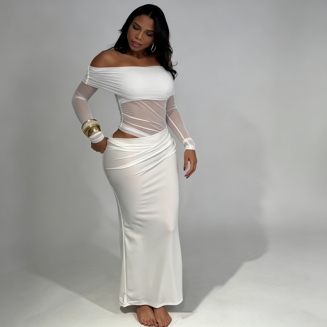 The Elara Off-Shoulder Mesh Maxi