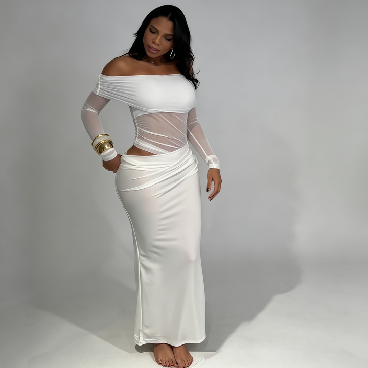 The Elara Off-Shoulder Mesh Maxi
