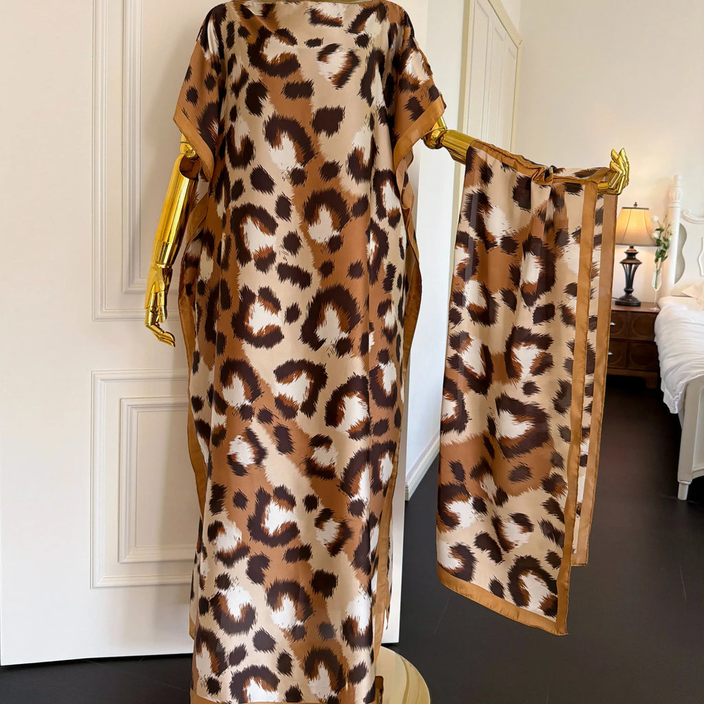 The Elara Sahara Silk-Feel Kaftan & Scarf Set