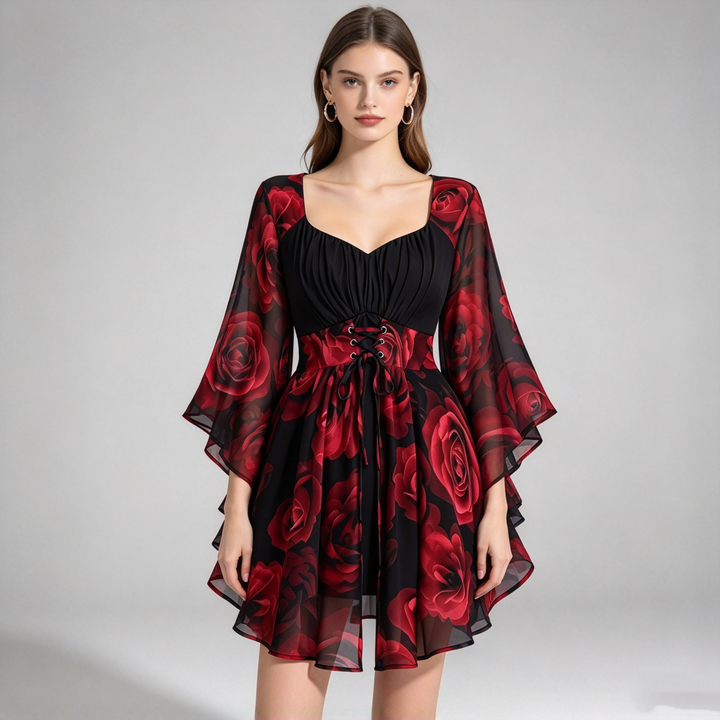The Elara Rose-Print Lace-Up Chiffon Romper