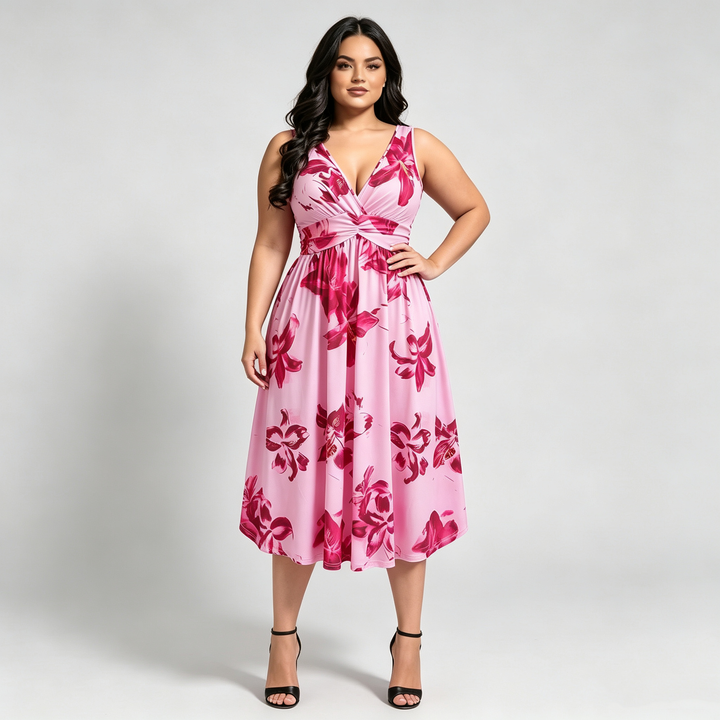 The Elara Wild Bloom V-Neck Midi Dress