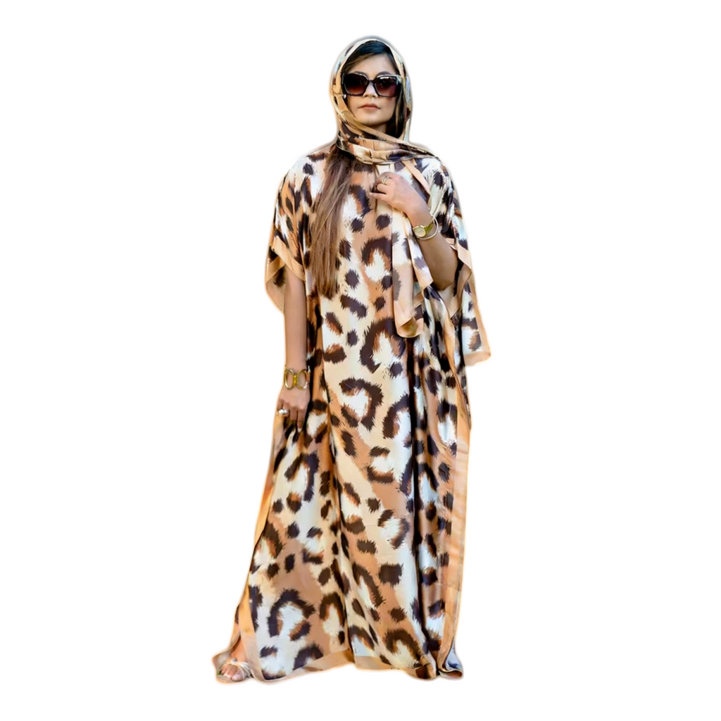 The Elara Sahara Silk-Feel Kaftan & Scarf Set