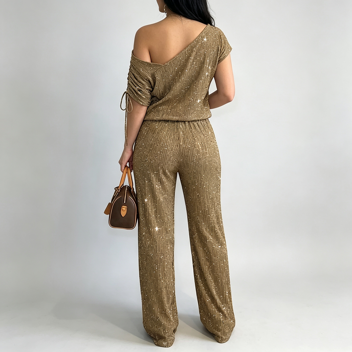 The Elara Sparkle Ruched One Shoulder Wide Leg Set