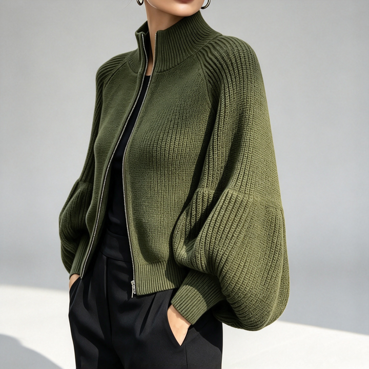 The Elara Balloon-Sleeve Zip Knit Cardigan