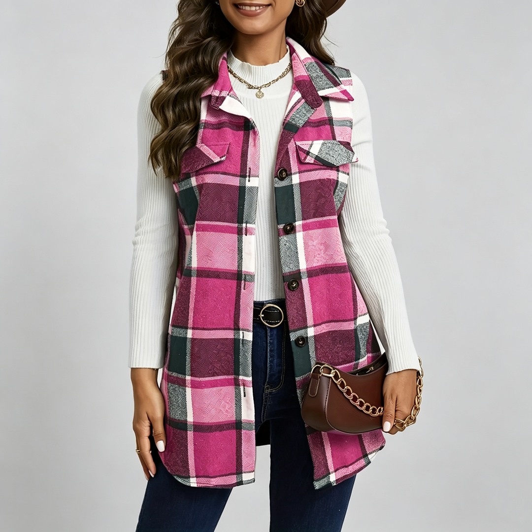 The Elara Plaid Button-Front Long Vest