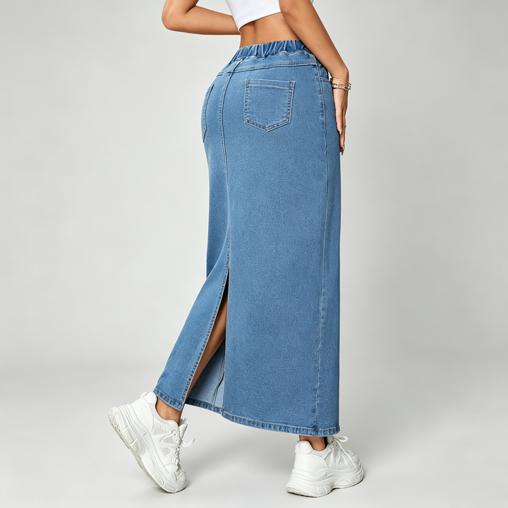 The Elara Drawstring Denim Maxi Skirt