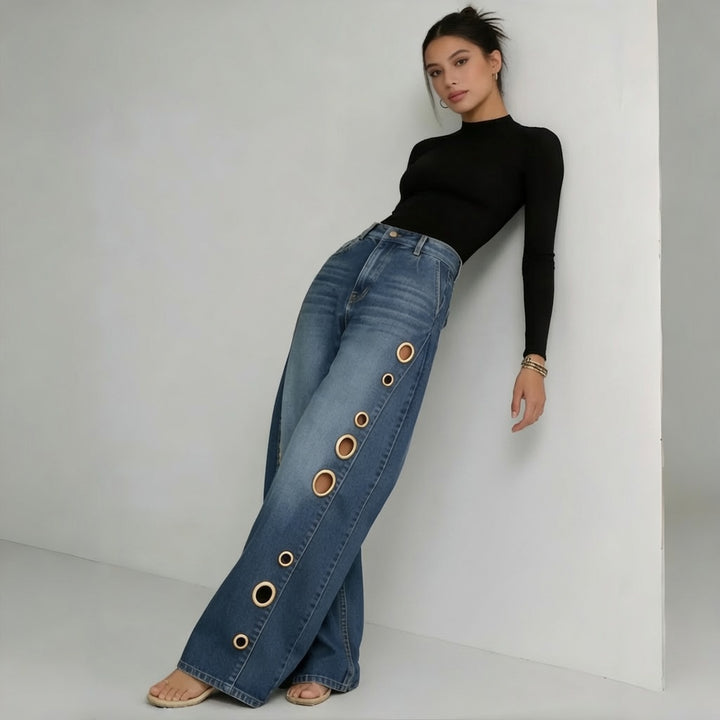 The Elara Metal Eyelet Wide-Leg Jeans