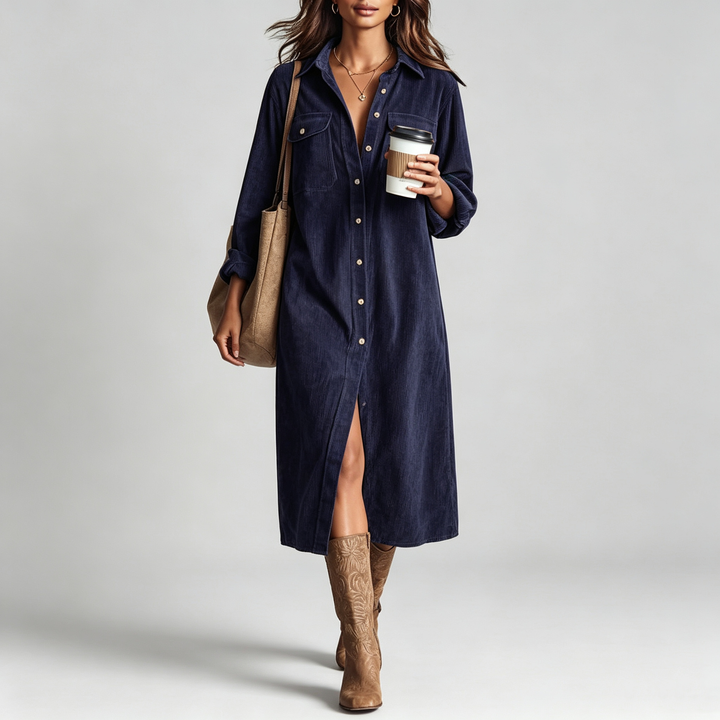 The Elara Corduroy Button-Down Midi Dress