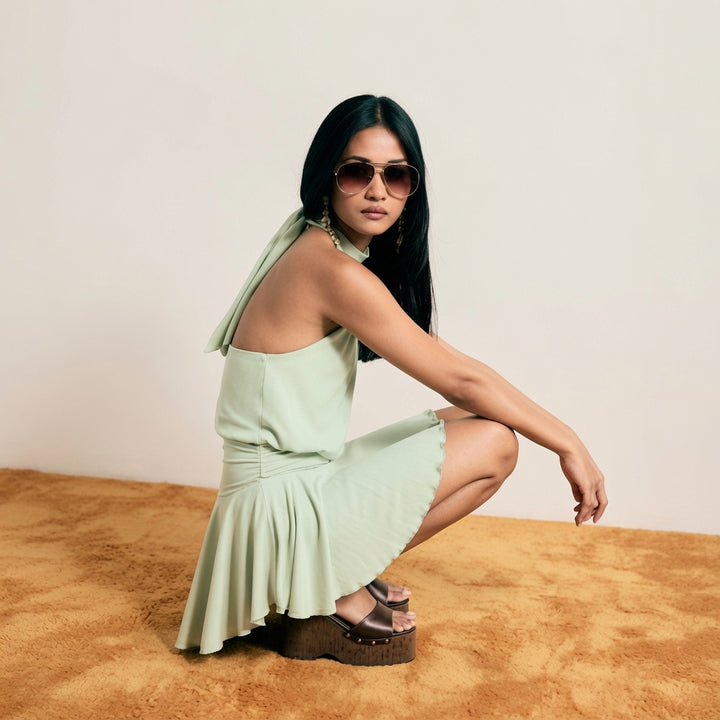 The Elara Stand Collar Sleeveless A-Line Mini Dress