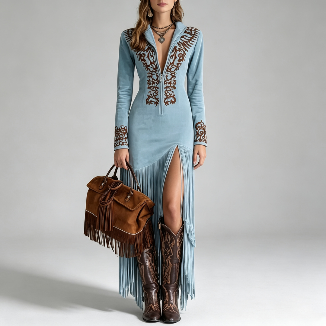 The Elara Embroidered Fringe Suede Maxi Dress