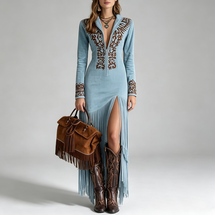 The Elara Embroidered Fringe Suede Maxi Dress