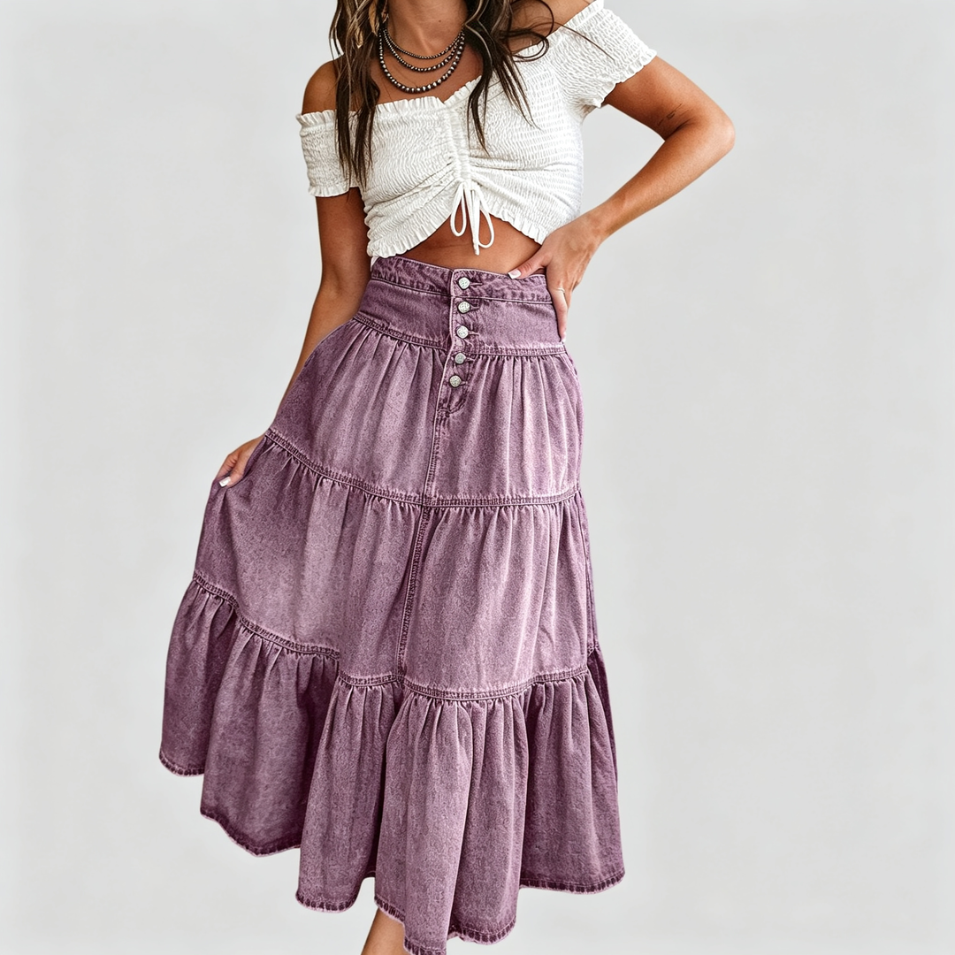 The Elara Tiered Denim Maxi Skirt