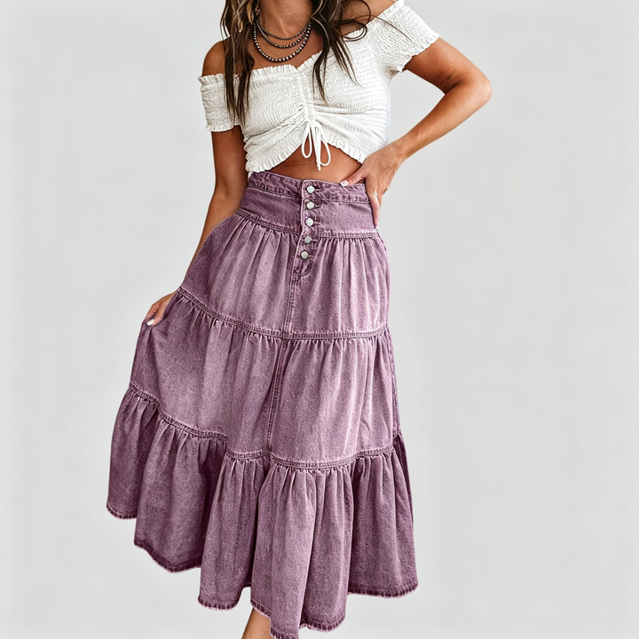 The Elara Tiered Denim Maxi Skirt