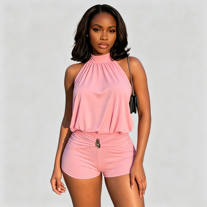 The Elara Ruched Halter Mini Romper