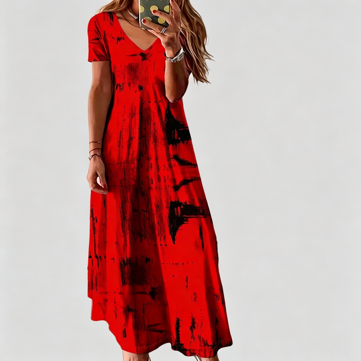 The Elara Abstract Brushstroke V-Neck Maxi Dress