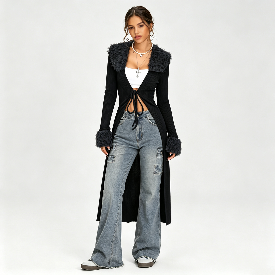 The Elara Plush-Trim Longline Knit Cardigan