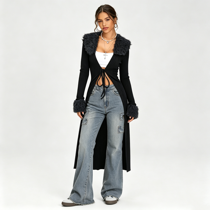 The Elara Plush-Trim Longline Knit Cardigan