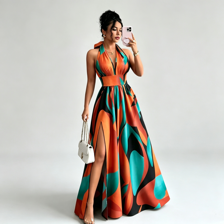 The Elara Ember Halter Split Maxi Dress
