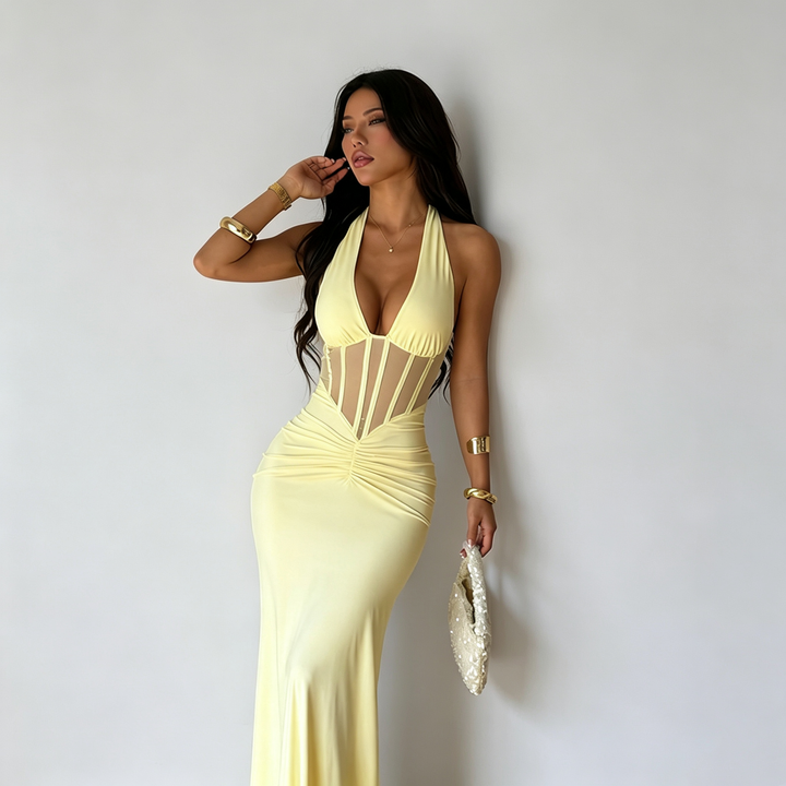 The Elara Mesh Corset Halter Gown