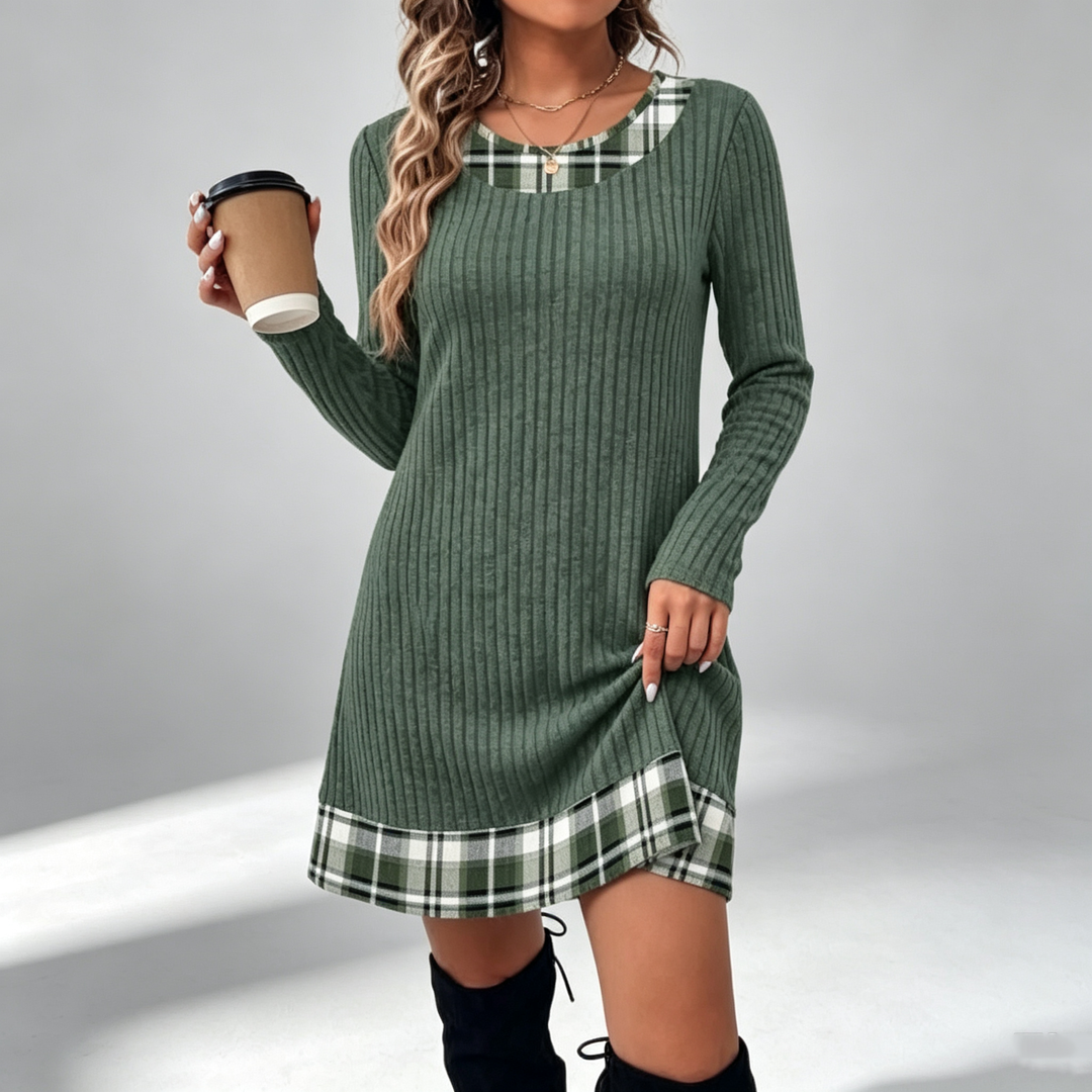 The Elara Plaid-Trim Ribbed Mini Dress