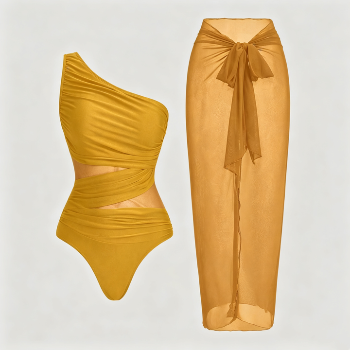 The Elara One-Shoulder Mesh Sarong Swimsuit Set