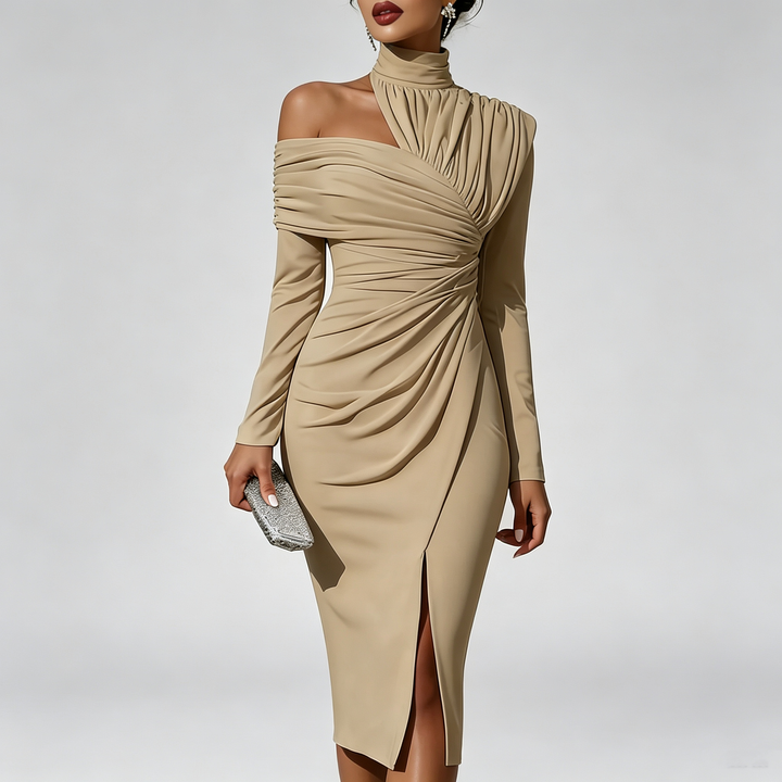 The Elara Asymmetric Ruched Midi Dress