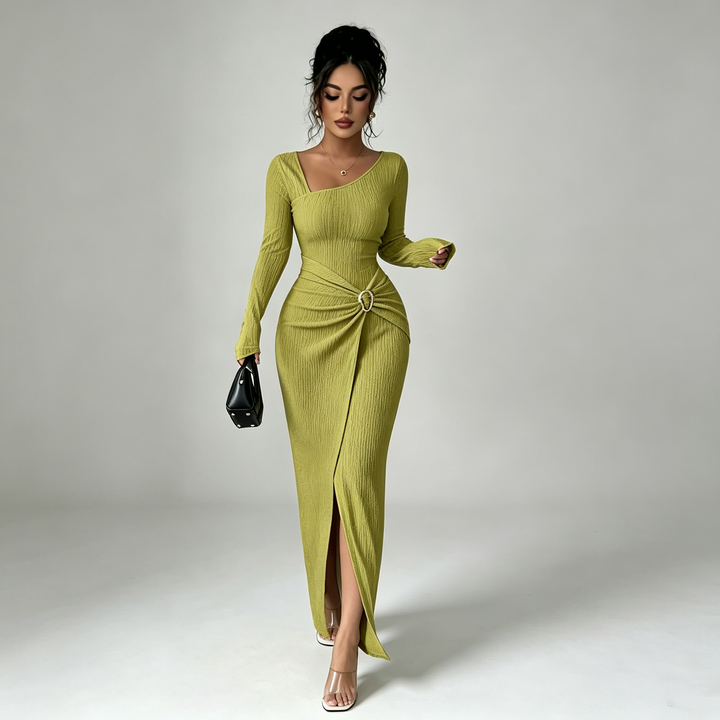 The Elara Asymmetric Buckle Wrap Maxi Dress