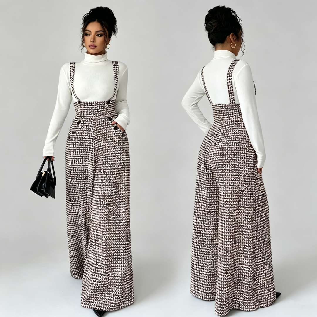 The Elara Houndstooth Wide Leg Suspender Jumpsuit