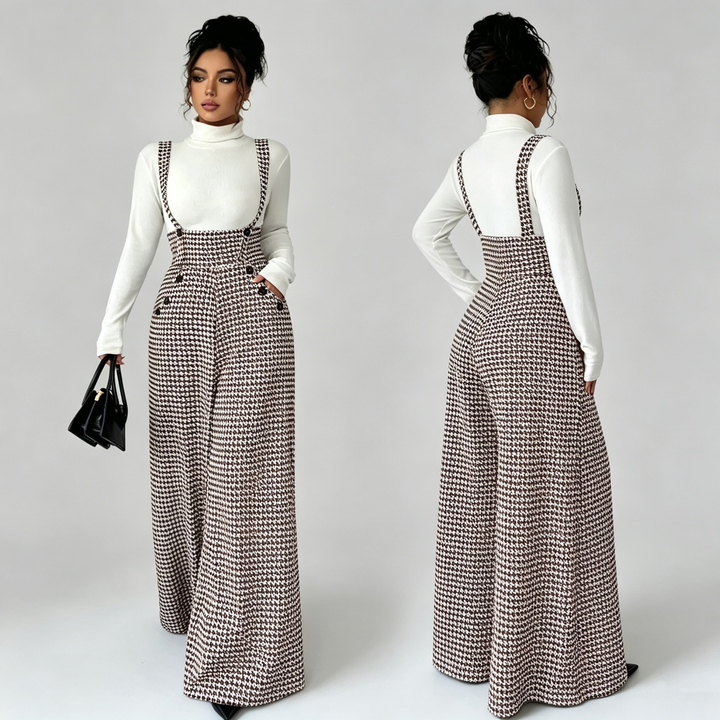 The Elara Houndstooth Wide Leg Suspender Jumpsuit