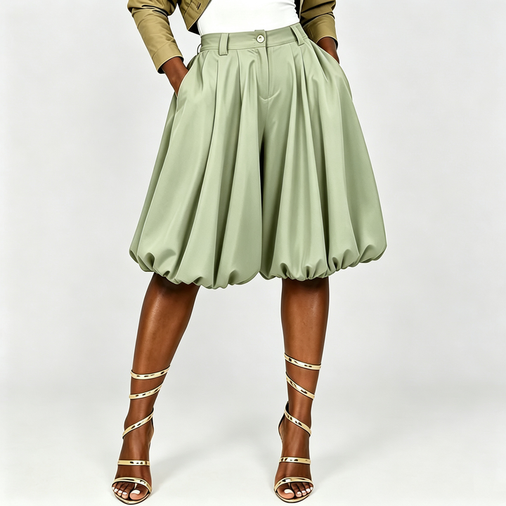The Elara Bubble-Hem Pleated Shorts
