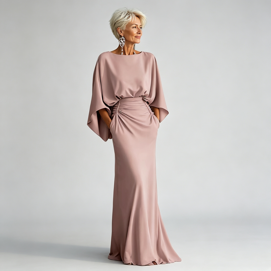 The Elara Draped Batwing Ruched Maxi Gown