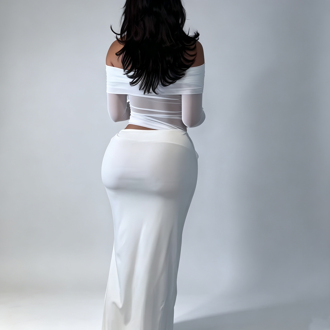 The Elara Off-Shoulder Mesh Maxi
