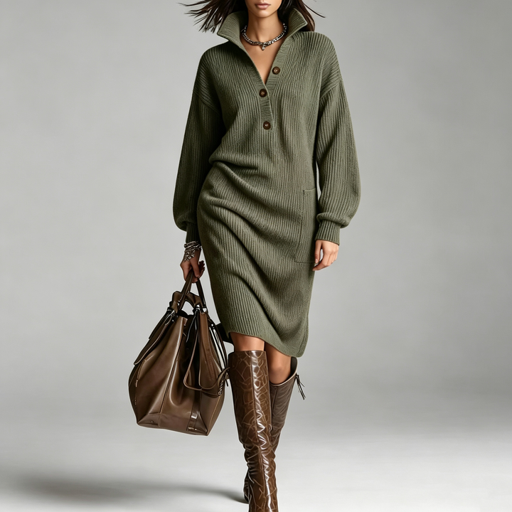 The Elara Button-Collar Ribbed Knit Midi Dress