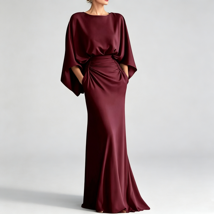 The Elara Draped Batwing Ruched Maxi Gown