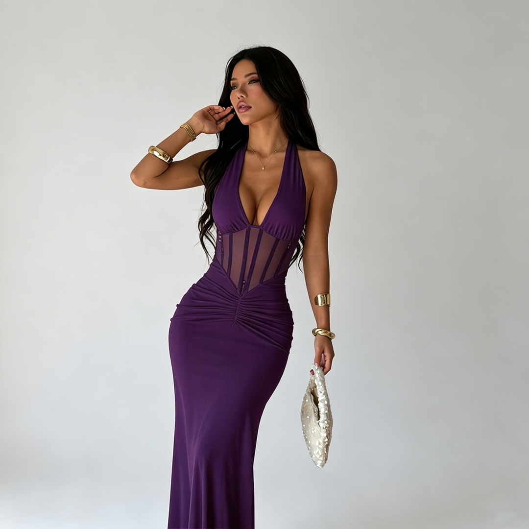 The Elara Mesh Corset Halter Gown