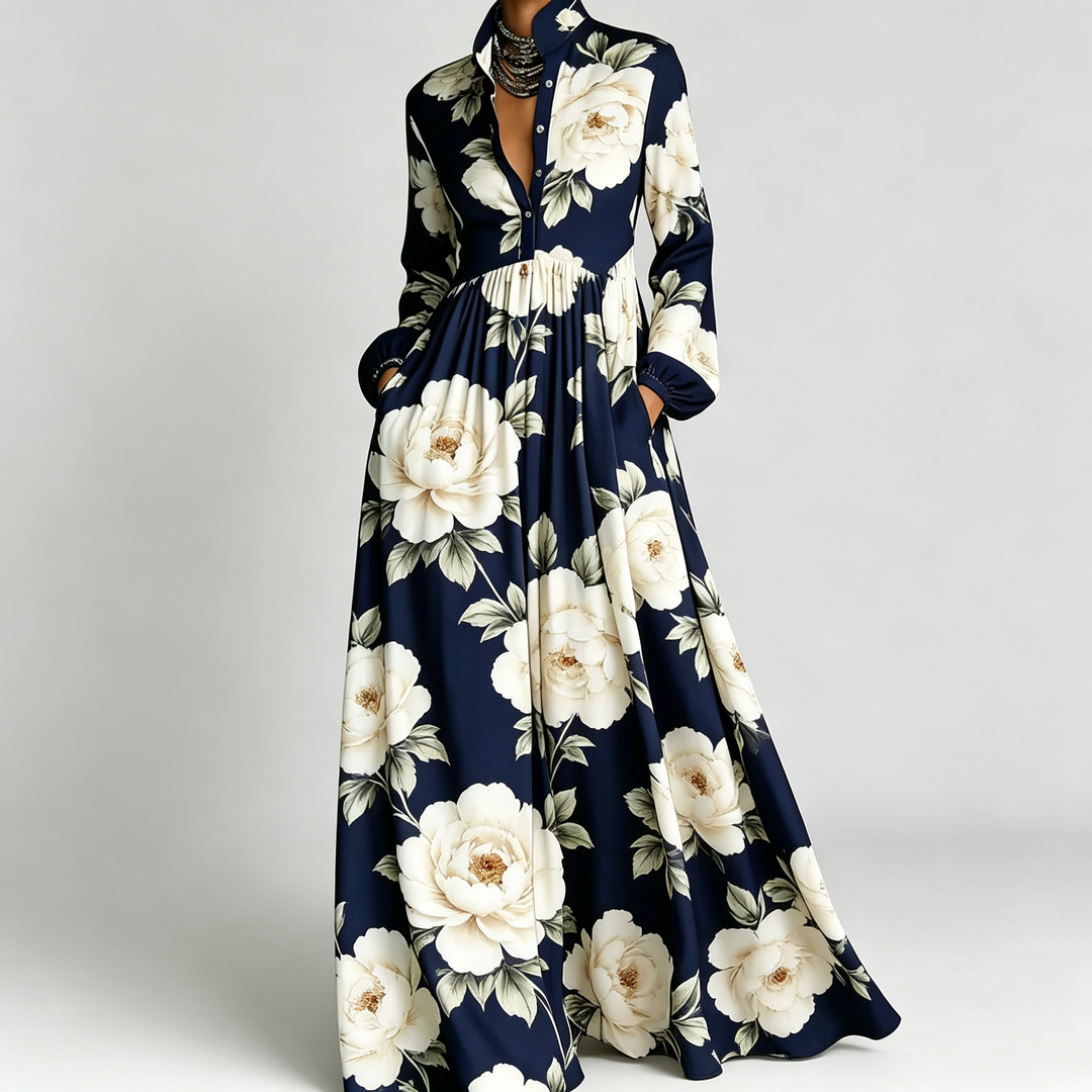 The Elara Printed Maxi Shirt Dress