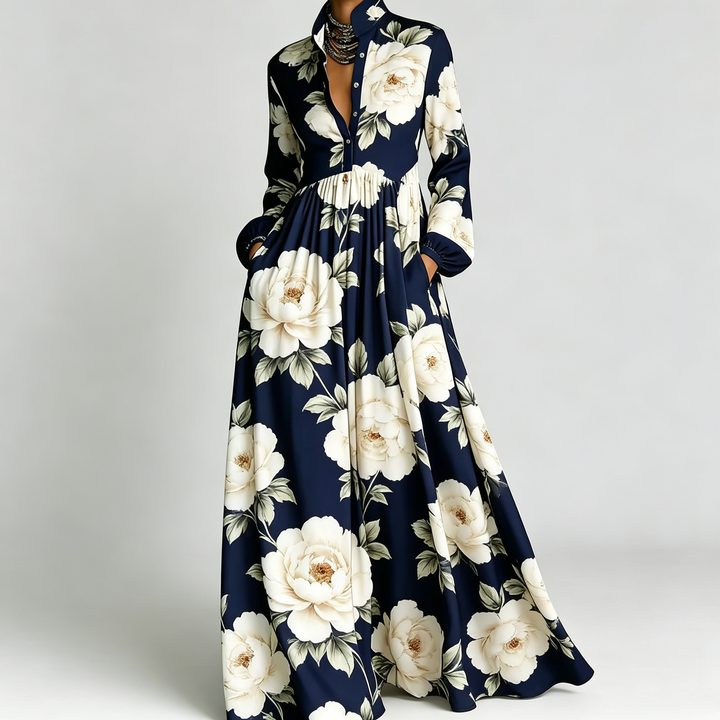 The Elara Printed Maxi Shirt Dress