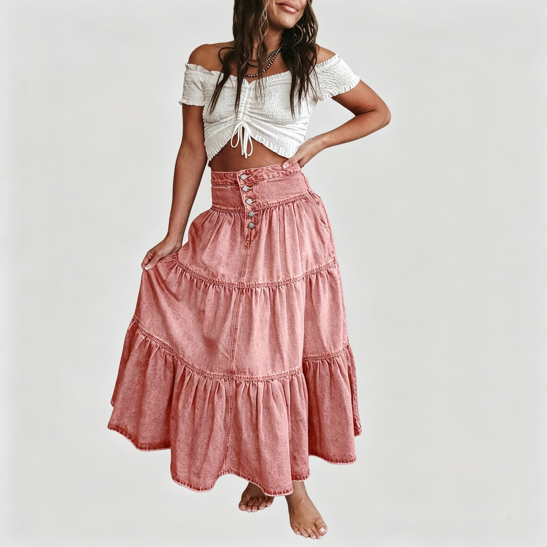 The Elara Tiered Denim Maxi Skirt