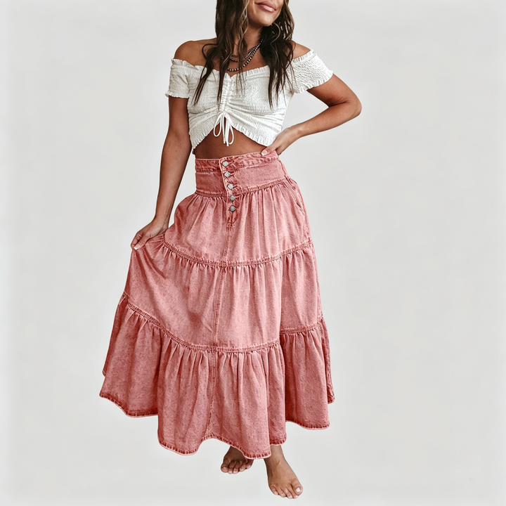 The Elara Tiered Denim Maxi Skirt