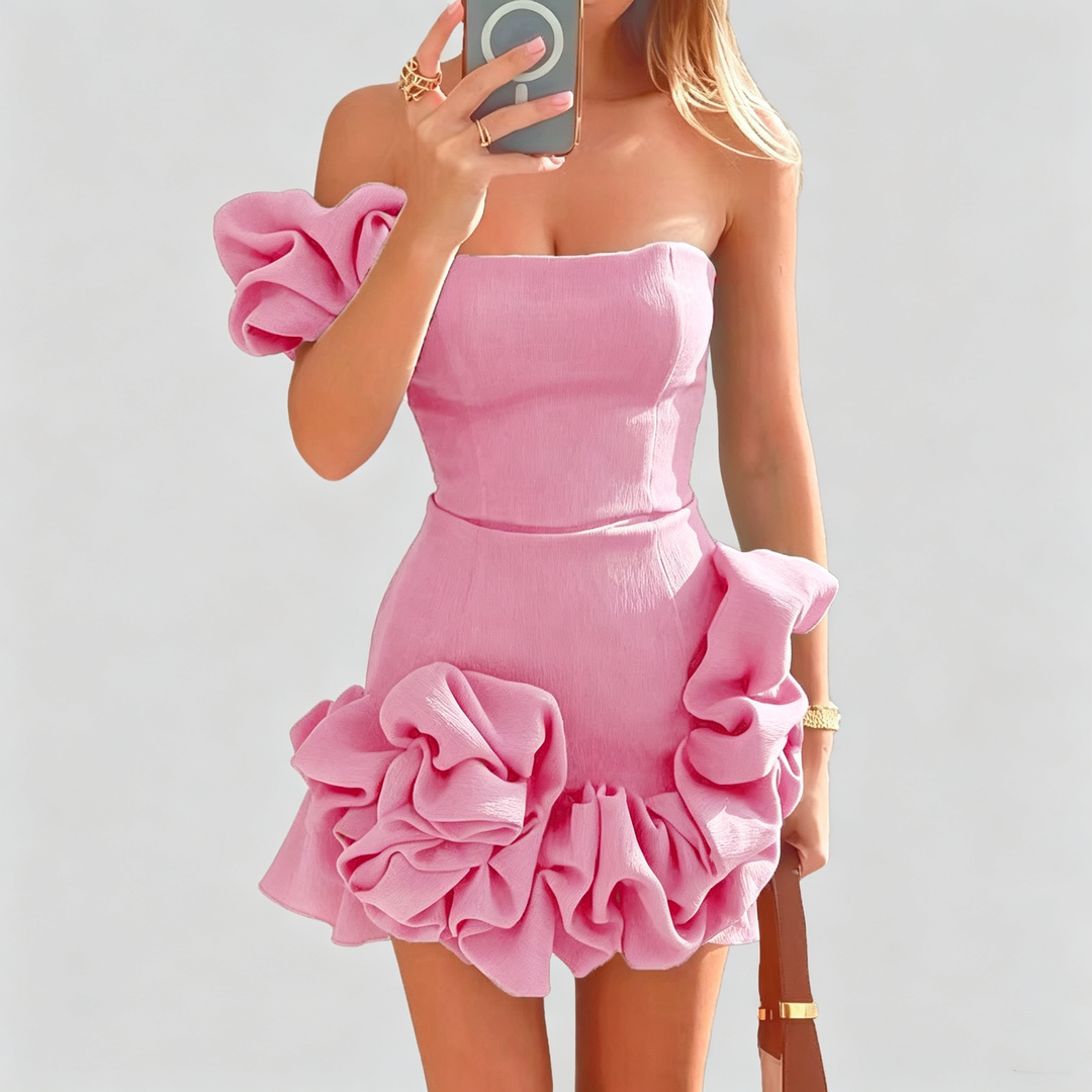 The Elara Sculpted Ruffle One Shoulder Mini Dress