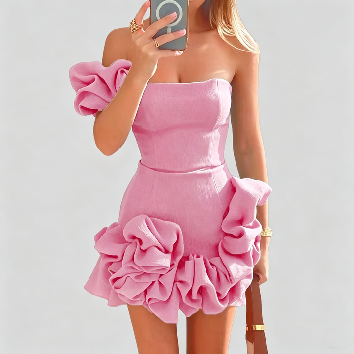 The Elara Sculpted Ruffle One Shoulder Mini Dress