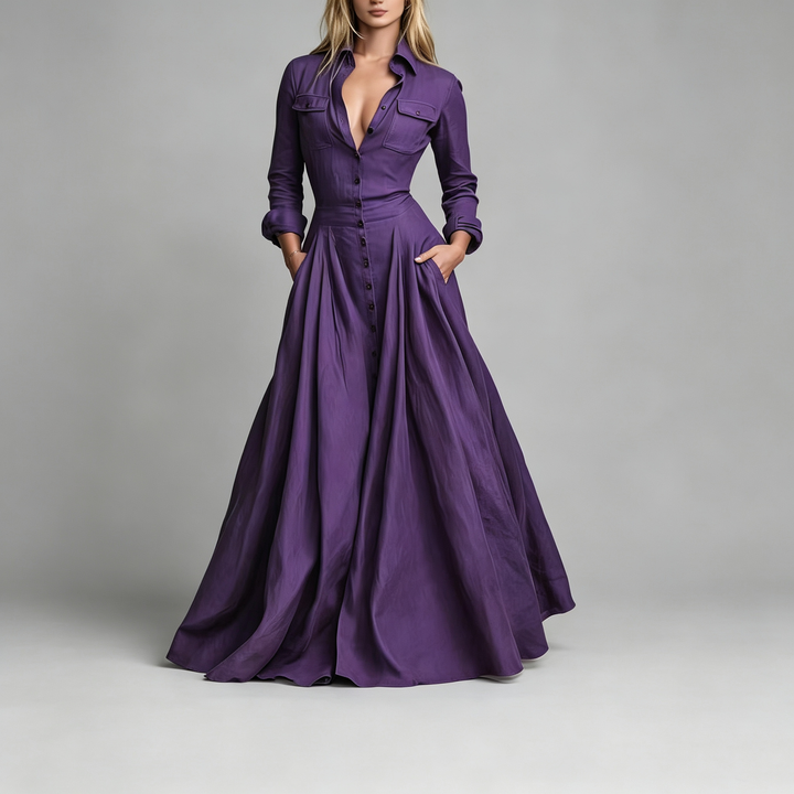 The Elara Button-Front Shirt Maxi Dress