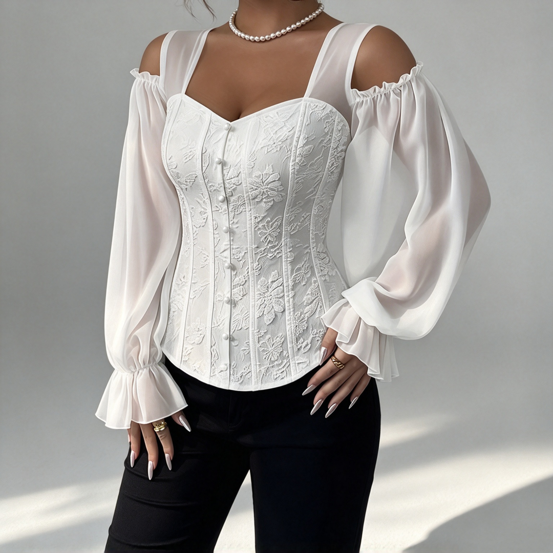 The Elara Jacquard Cold-Shoulder Corset Top