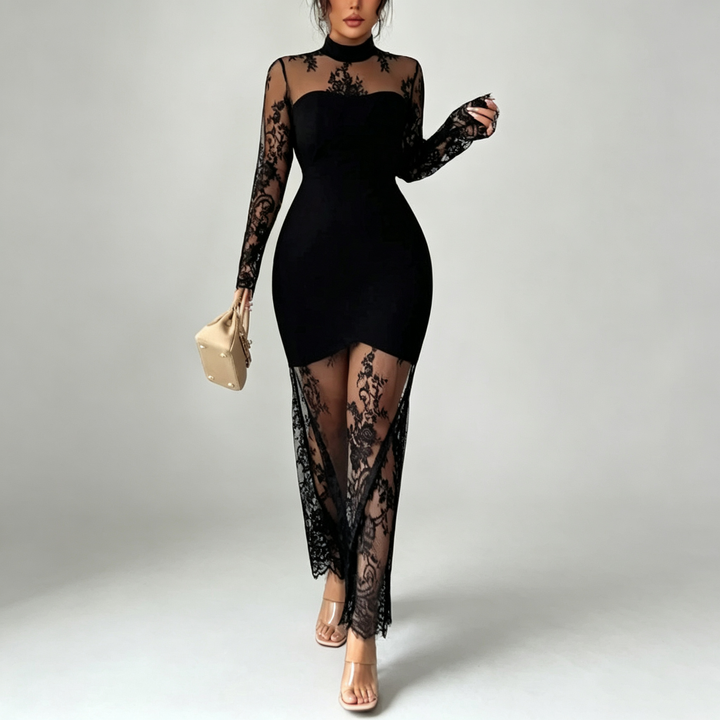 The Elara Sheer-Lace Fishtail Maxi Dress